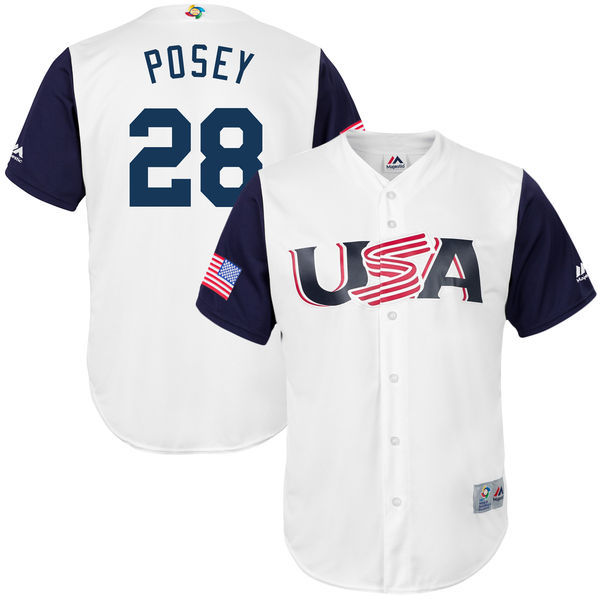 customized Men USA Baseball #28 Buster Posey Majestic White 2017 World Baseball Classic Replica Jersey